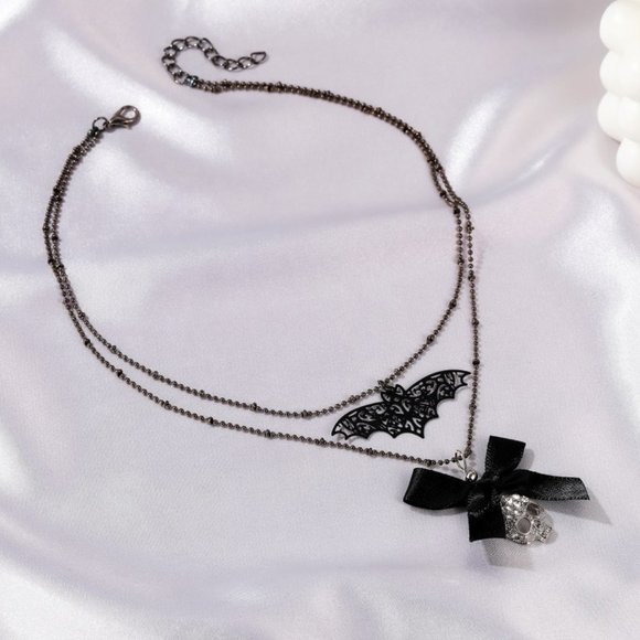 Gothic Filigree Bat, Bow & Skull Double Necklace - Picture 5 of 6